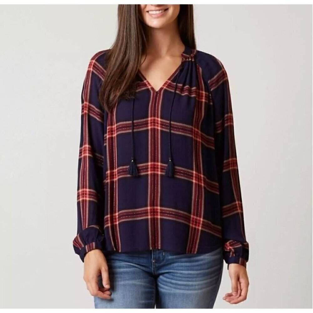 Lucky Brand Top Womens Medium Blue Red Plaid Tassel Metallic Peasant Boho